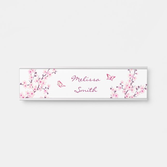 Floral Cherry Blossoms Monogram Pink White Door Sign (Front)