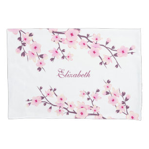 Floral Cherry Blossoms Monogram Pink White Pillow  Pillowcase