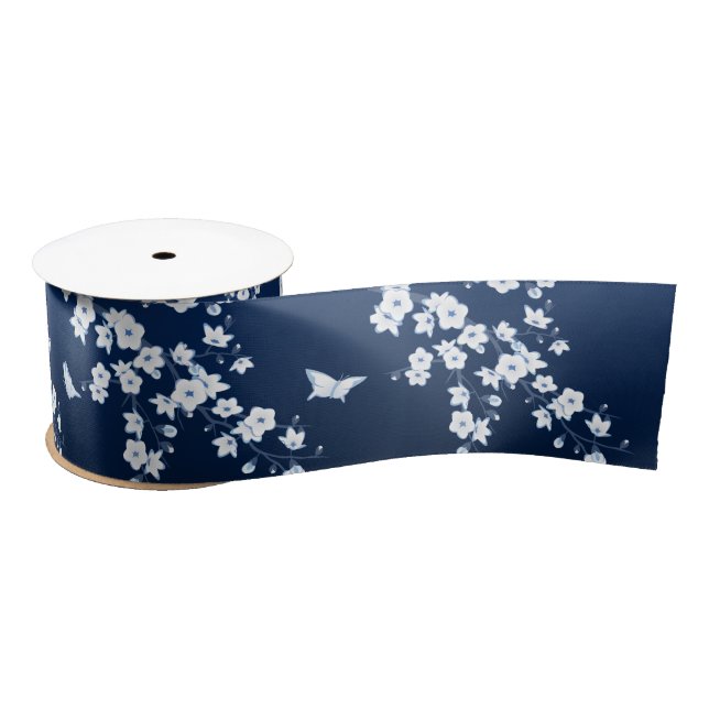 Floral Cherry Blossoms Navy Blue White Satin Ribbon (Spool)