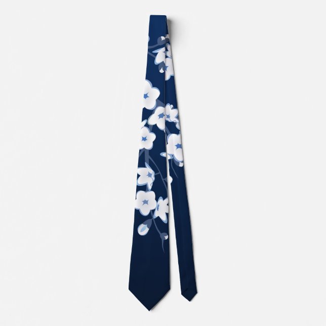 Floral Cherry Blossoms Navy Blue White Tie (Front)