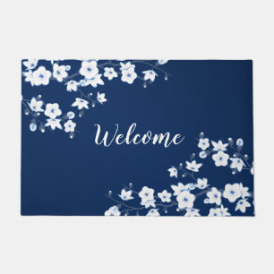 Floral Cherry Blossoms Navy Blue White Welcome Doormat