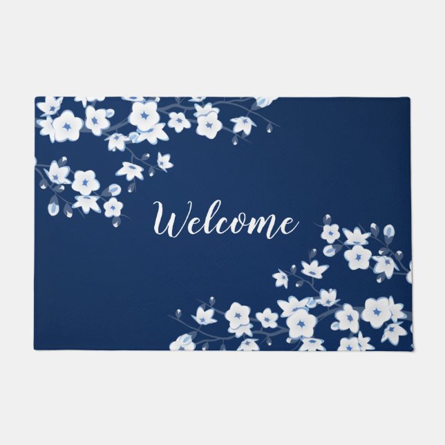 Floral Cherry Blossoms Navy Blue White Welcome Doormat (Front)