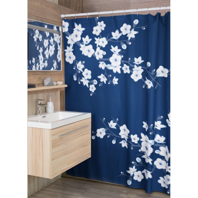 Floral Cherry Blossoms Navy White Classic Shower Curtain (Creator Uploaded)
