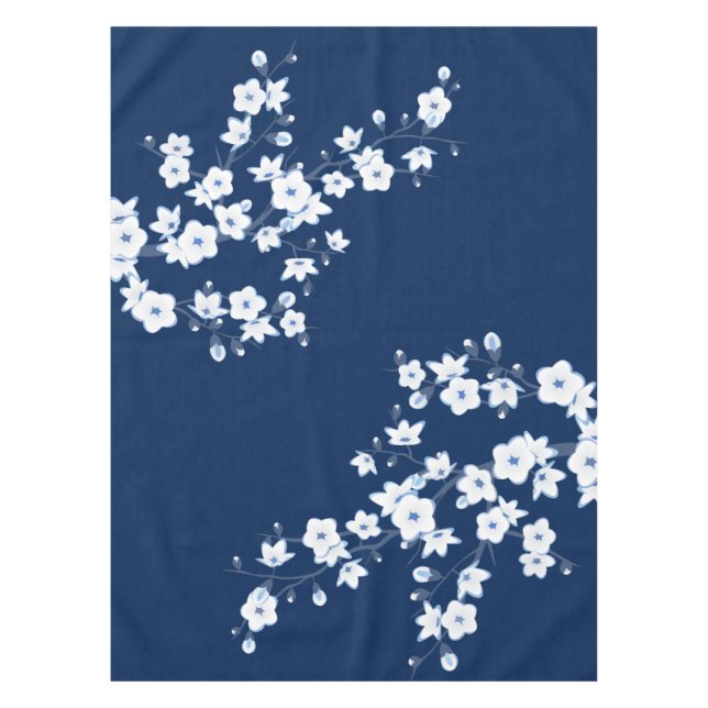 Floral Cherry Blossoms Navy White Classic Tablecloth (Front)