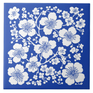 Floral Cherry Blossoms Pattern Blue Tile