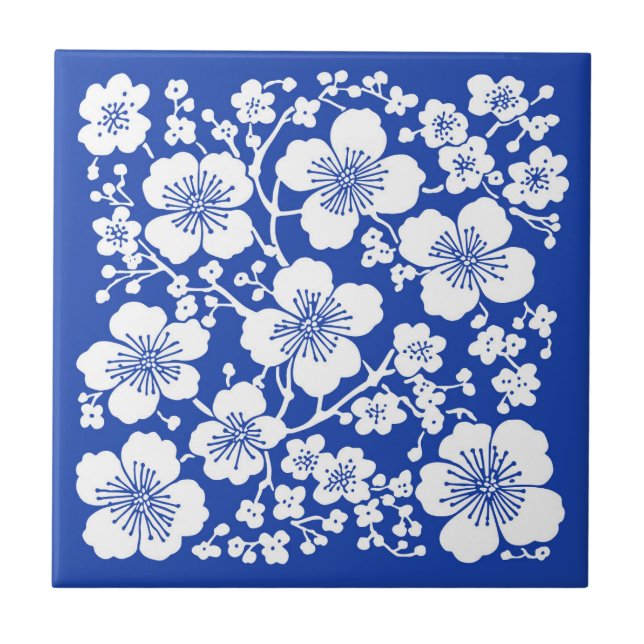 Floral Cherry Blossoms Pattern Blue Tile (Front)