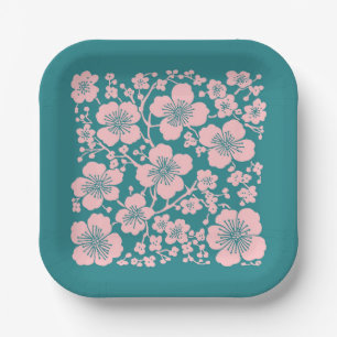 Floral Cherry Blossoms Pattern Paper Plate