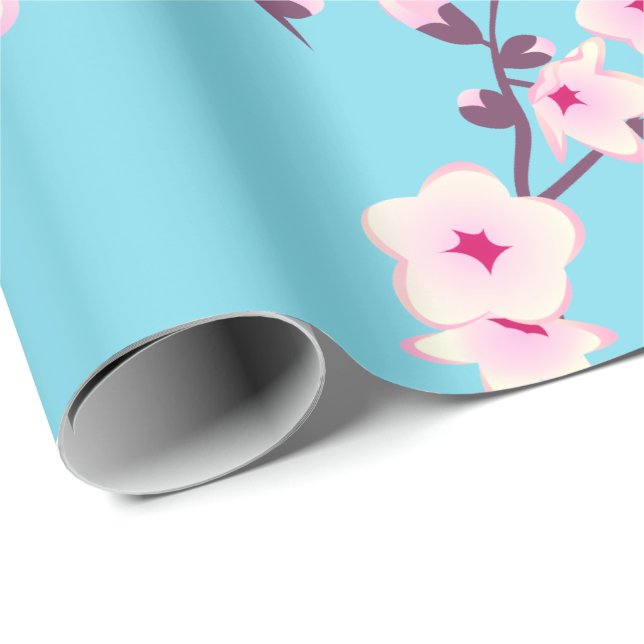 Floral Cherry Blossoms Pattern Pink Sky Blue Wrapping Paper (Roll Corner)