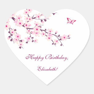Floral Cherry Blossoms Pink Birthday Heart Sticker
