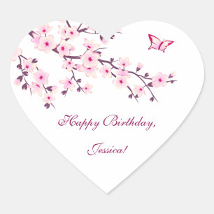 Floral Cherry Blossoms Pink Birthday Heart Sticker