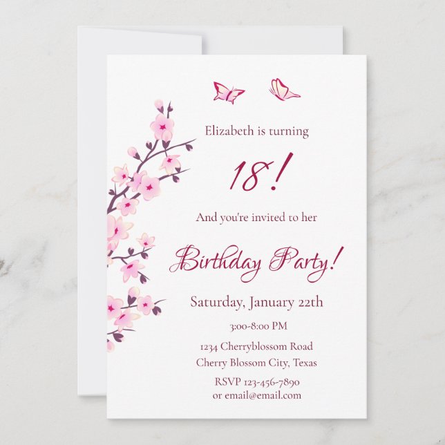 Floral Cherry Blossoms Pink Birthday Invitation (Front)