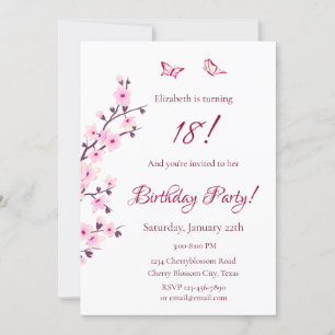 Floral Cherry Blossoms Pink Birthday Invitation