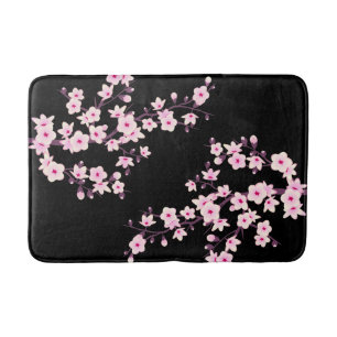Floral Cherry Blossoms PINK Black Bath Mat
