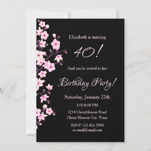 Floral Cherry Blossoms Pink Black Birthday Invitation