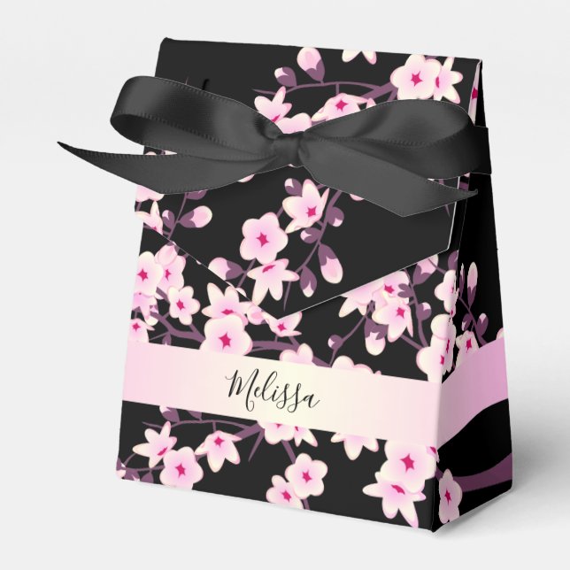 Floral Cherry Blossoms Pink Black Custom Favour Box (Front Side)