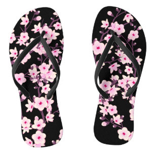 Floral Cherry Blossoms Pink Black Flip Flops