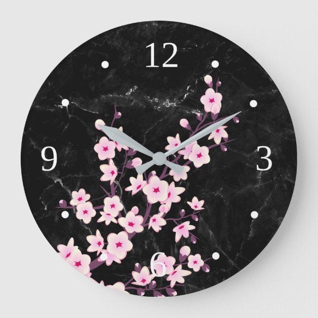 Floral Cherry Blossoms Pink Black Marble Large Clock (Front)