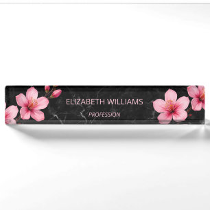 Floral Cherry Blossoms Pink Black Marble Nameplate
