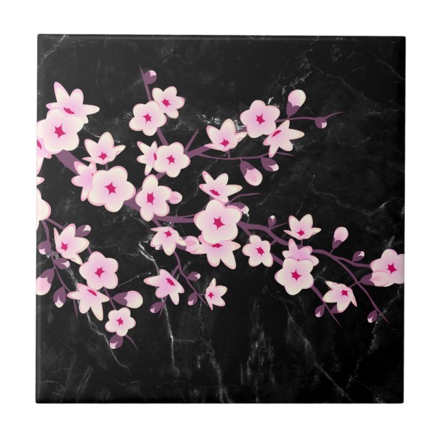 Floral Cherry Blossoms Pink Black Marble Tile (Front)