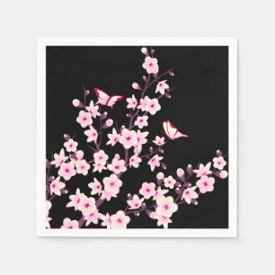 Floral Cherry Blossoms Pink Black Napkin