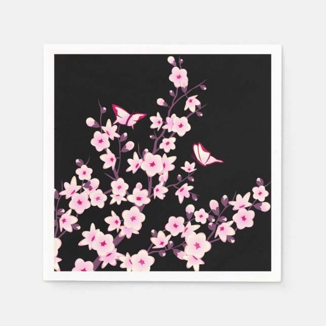 Floral Cherry Blossoms Pink Black Napkin (Front)