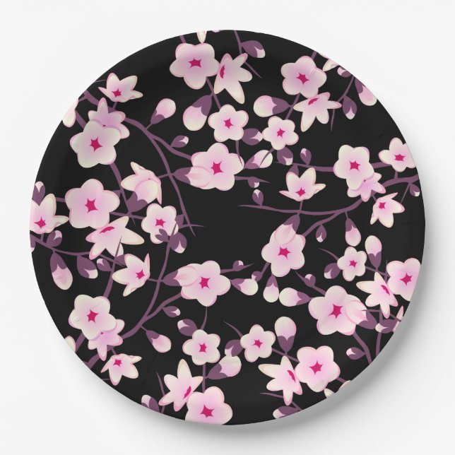 Floral Cherry Blossoms Pink Black Paper Plate (Front)