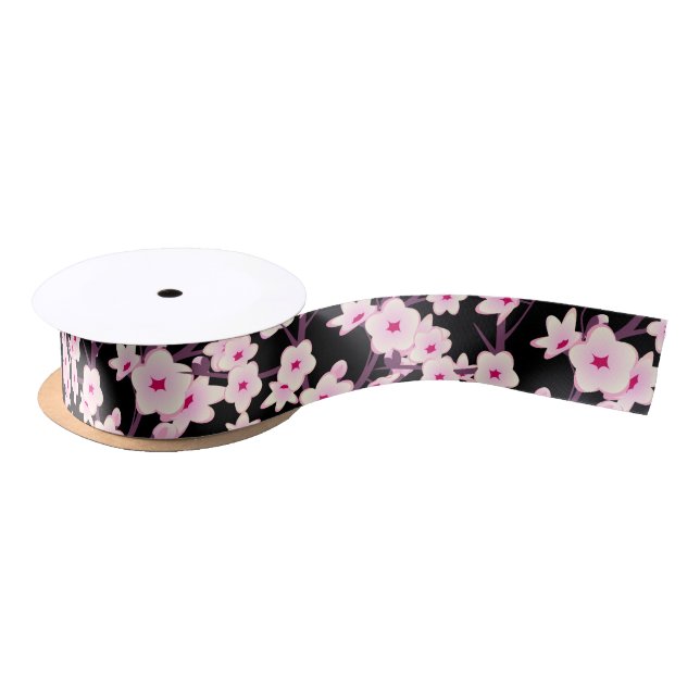 Floral Cherry Blossoms Pink Black Satin Ribbon (Spool)