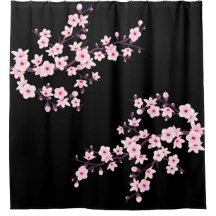 Floral Cherry Blossoms PINK Black Shower Curtain
