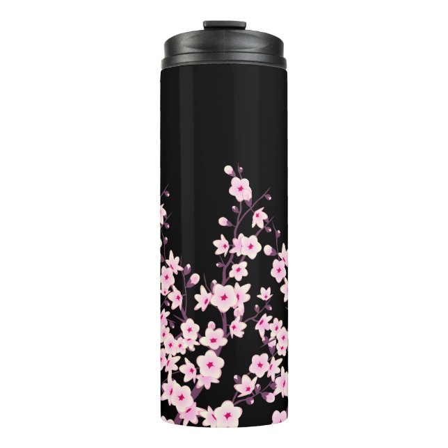 Floral Cherry Blossoms Pink Black Thermal Tumbler (Front)