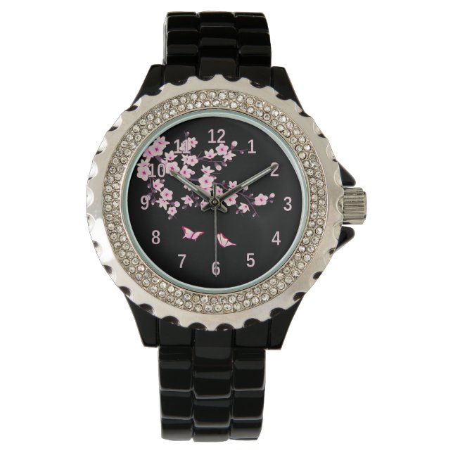 Floral Cherry Blossoms Pink Black Watch (Front)