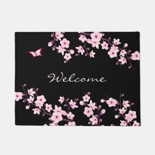 Floral Cherry Blossoms Pink Black Welcome Doormat