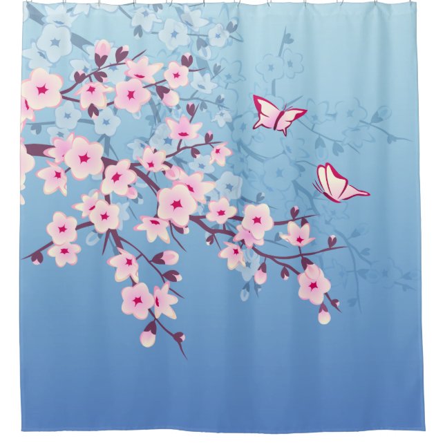 Floral Cherry Blossoms Pink Blue Shower Curtain (Front)