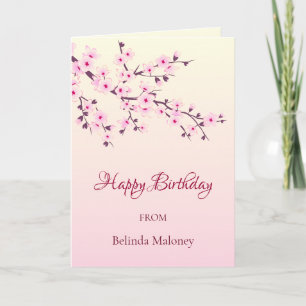 Floral Cherry Blossoms Pink Custom Birthday Card
