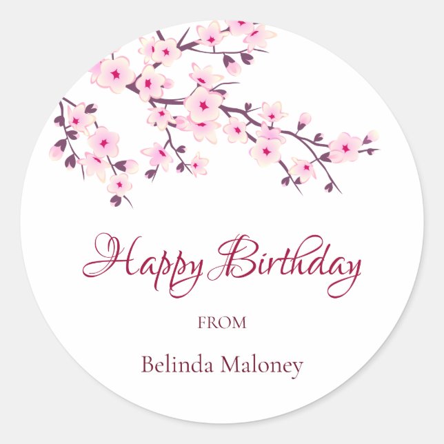 Floral Cherry Blossoms Pink | Custom Birthday Classic Round Sticker (Front)