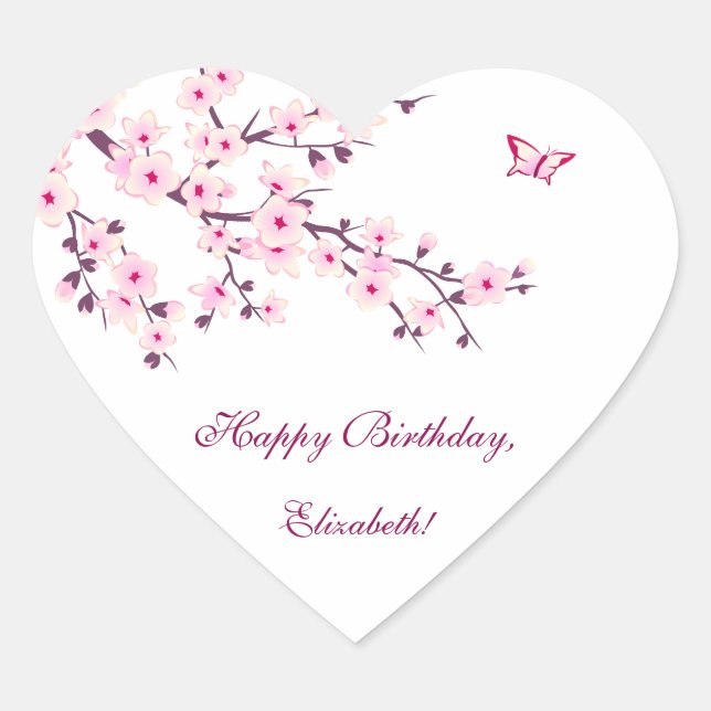 Floral Cherry Blossoms Pink  Custom Birthday Heart Sticker (Front)