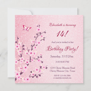 Floral Cherry Blossoms Pink Glitter Birthday  Invitation