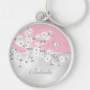 Floral Cherry Blossoms Pink Glitter Key Ring