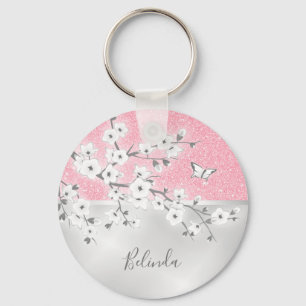 Floral Cherry Blossoms Pink Glitter Monogram Key Ring