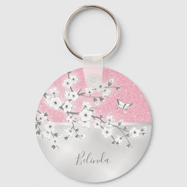 Floral Cherry Blossoms Pink Glitter Monogram Key Ring (Front)