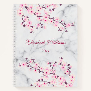 Floral Cherry Blossoms Pink Gray Marble Name Notebook