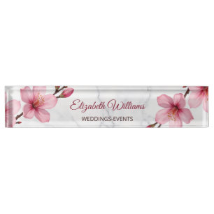 Floral Cherry Blossoms Pink Gray Marble Nameplate