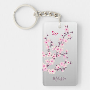 Floral Cherry Blossoms Pink Grey Add Name Key Ring