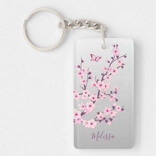Floral Cherry Blossoms Pink Grey Add Name Key Ring (Front)