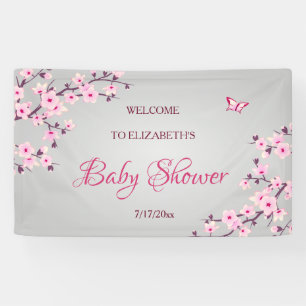 Floral Cherry Blossoms Pink Grey Baby Shower Banner