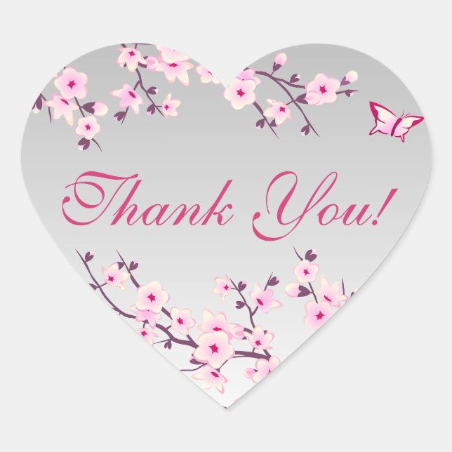 Floral Cherry Blossoms Pink Grey Baby Shower Heart Heart Sticker (Front)