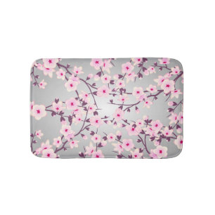 Floral Cherry Blossoms Pink Grey Bath Mat
