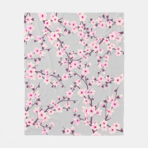 Floral Cherry Blossoms Pink Grey Fleece Blanket