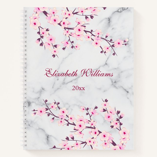 Floral Cherry Blossoms Pink Grey Marble Name Notebook (Front)