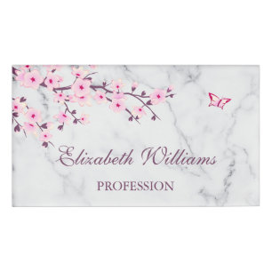 Floral Cherry Blossoms Pink Grey Marble  Name Tag