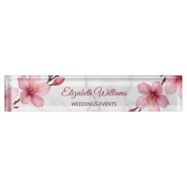 Floral Cherry Blossoms Pink Grey Marble Nameplate (Front)
